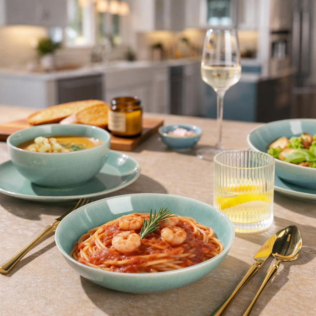 GBHOME Dinnerware Sets with Double Bowls for 6, 24 Pieces Stoneware Plates and Bowls Set, Scratch Resistant Ceramic Dishes Set, Dishwasher & Microwave Safe-Malachite Green