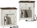 Treocho Farmhouse End Table Set of 2,Nightstand with Charging Station, X-Design Side Table with 2 AC and USB Power Outlets, Small Night Stand with Storage Drawer and Open Shelf for Living Room