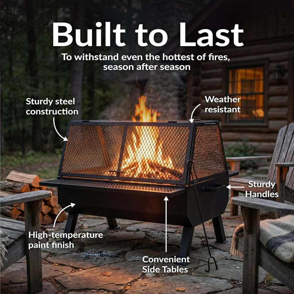 Sunnydaze 36-Inch Steel Outdoor Fire Pit with Grill and Spark Screen - PVC Protective Cover - Heat-Resistant Finish - Black
