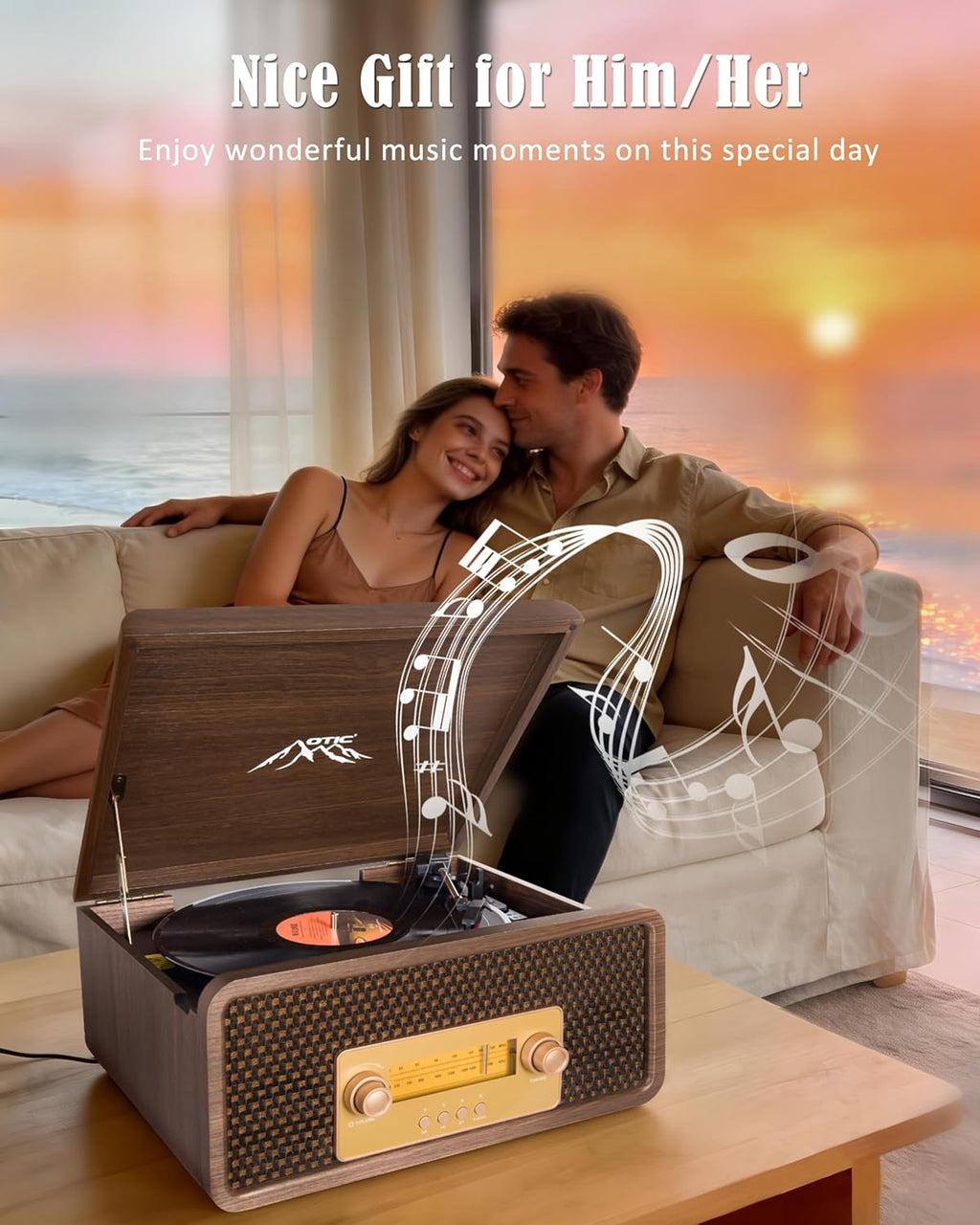 OTIC All-in-One Vinyl Record Player with Speakers, 3-Speed Turntable, Bluetooth Wireless Playback AM/FM Radio Aux-in, Auto-Stop Retro Wooden Design Home Audio&Gift for Music Lovers