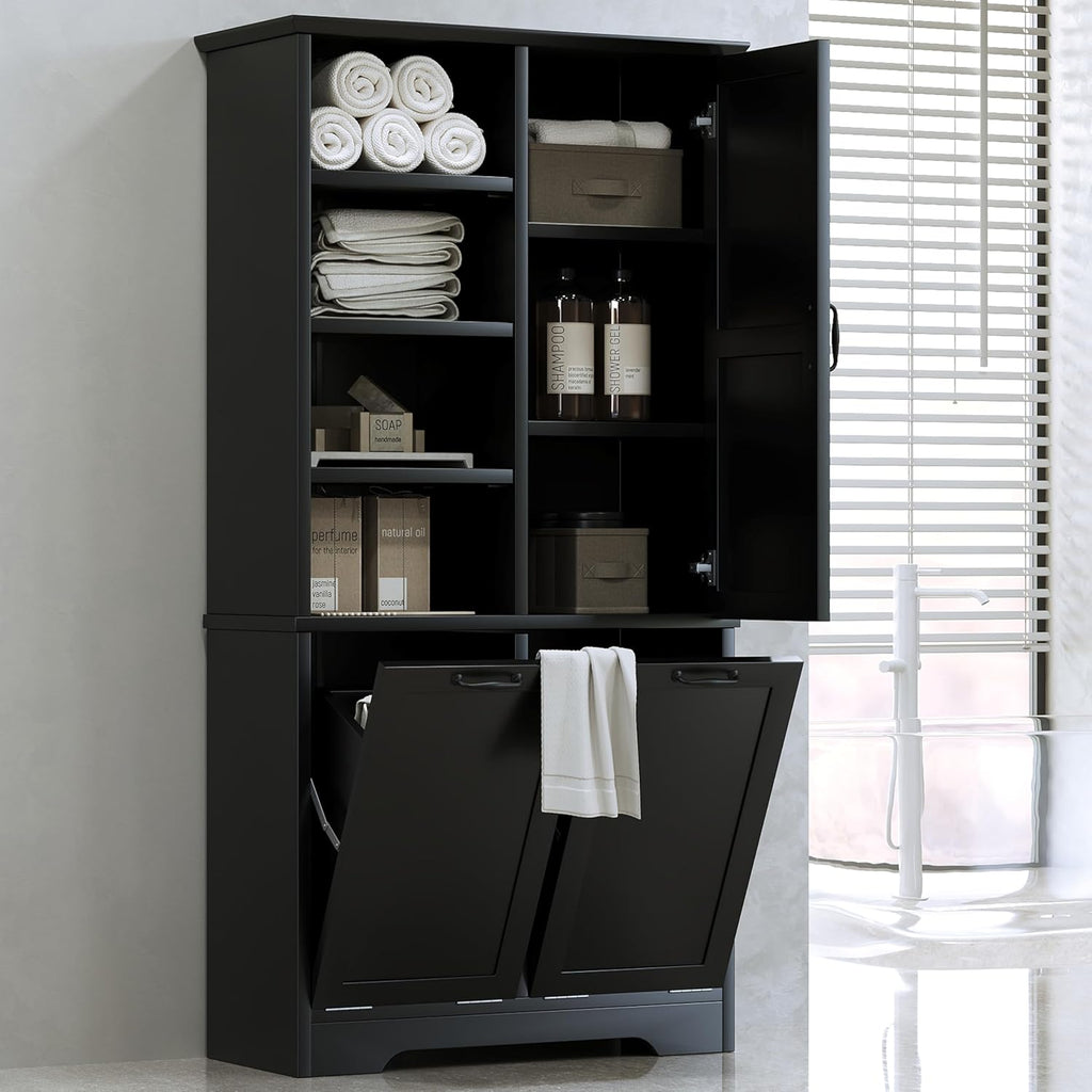 Tall Storage Cabinet with Door and Open Shelf, Multi-Functional Laundry Hamper Basket for Home Bathroom, Laundry Room, Black
