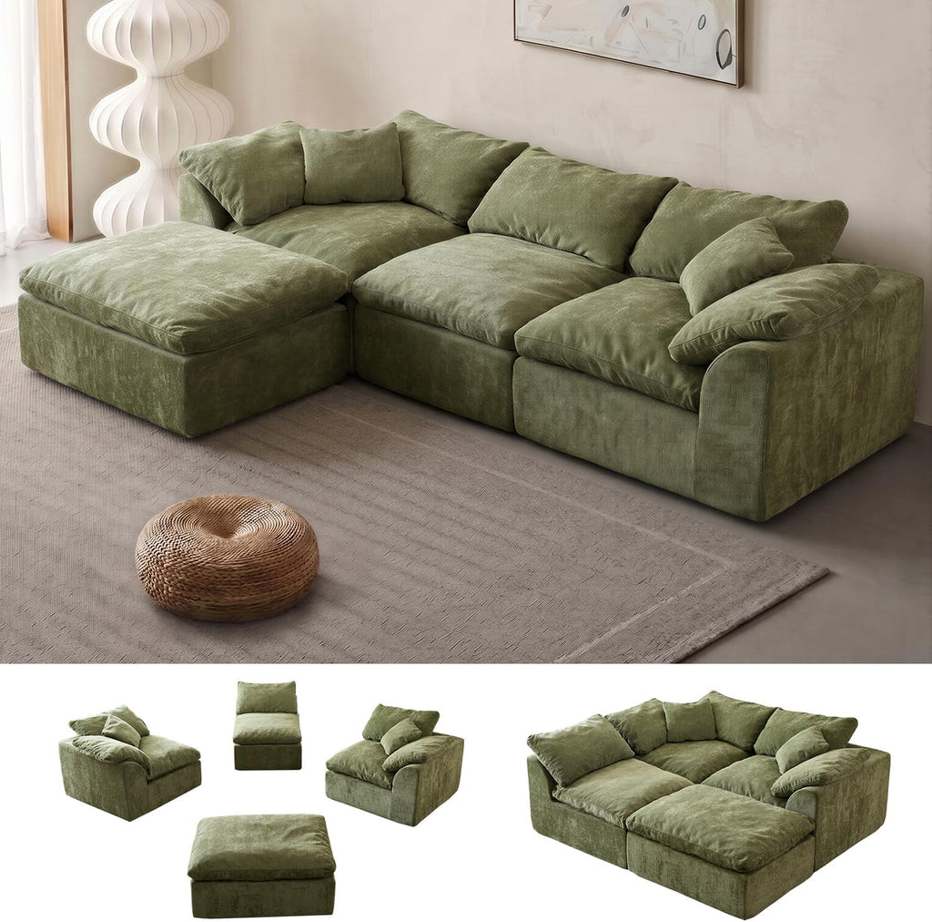 Oversized Cloud Couch Sectional Sofa for Living Room, Modular L Shaped Boneless Chenille Sofa with Chaise Lounge, Deep Seat Convertible Couch, Compressed No Assembly Floor Sofa(Green)