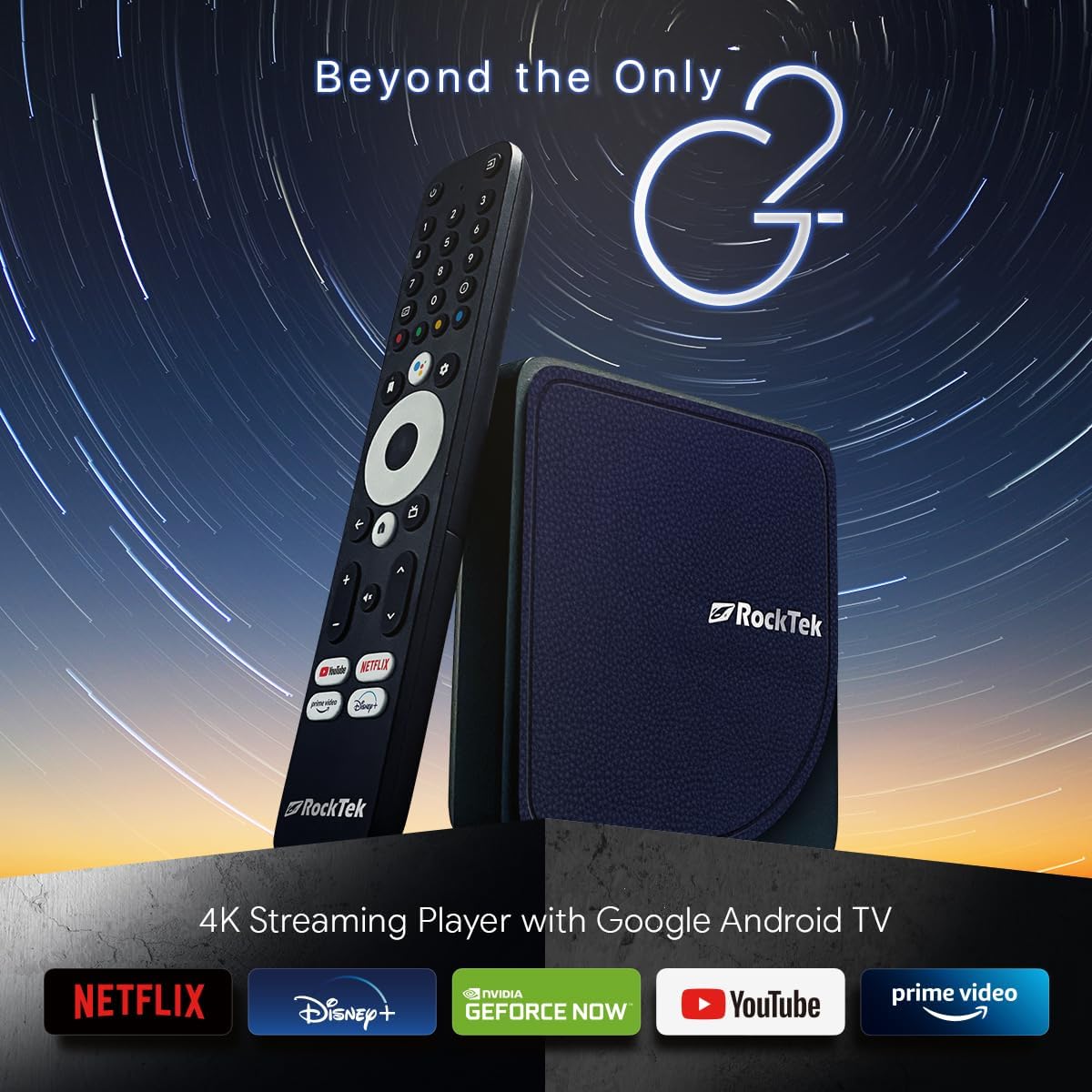 RockTek G2 Android TV 4K Streaming Media Player, Dolby Vision-ATMOS, HDR10+, DTS-X, NVIDIA GeForce Now cloud gaming, Netflix, Prime Video, YouTube, Apple TV+, Hulu, Disney+, and More, Google Assistant