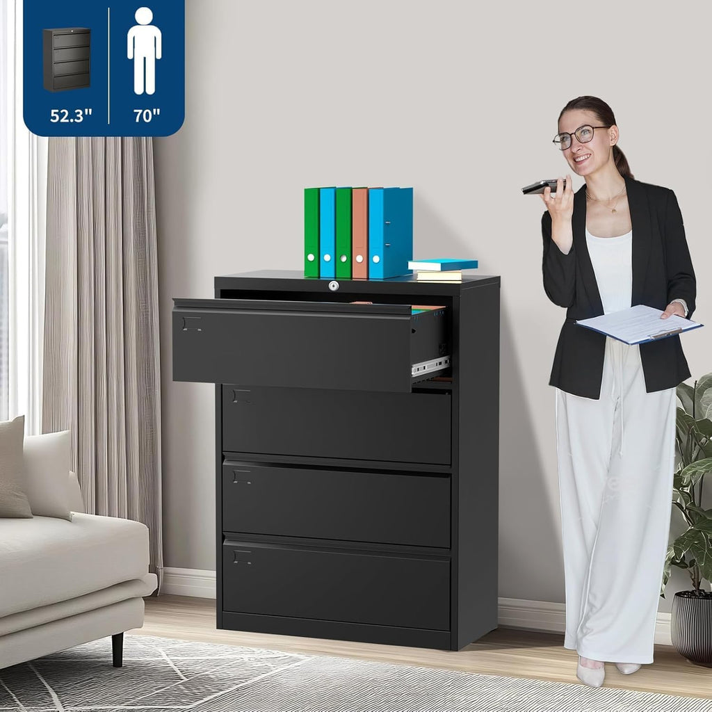 4-Drawer Metal File Cabinet with Lock, Lateral Filing Cabinet for Letter/Legal/A4 Size Documents, Heavy Duty Lockable File Storage Cabinet for Home Office