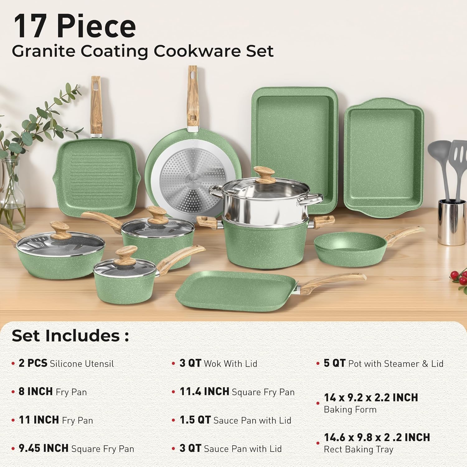 17 Piece Pots and Pans Set Non Stick, Nonstick Induction Granite Kitchen Cookware Sets, Induction Cookware Frying Pans, Nonstick Granite Cooking Set, Pan Sets for Cooking, Green