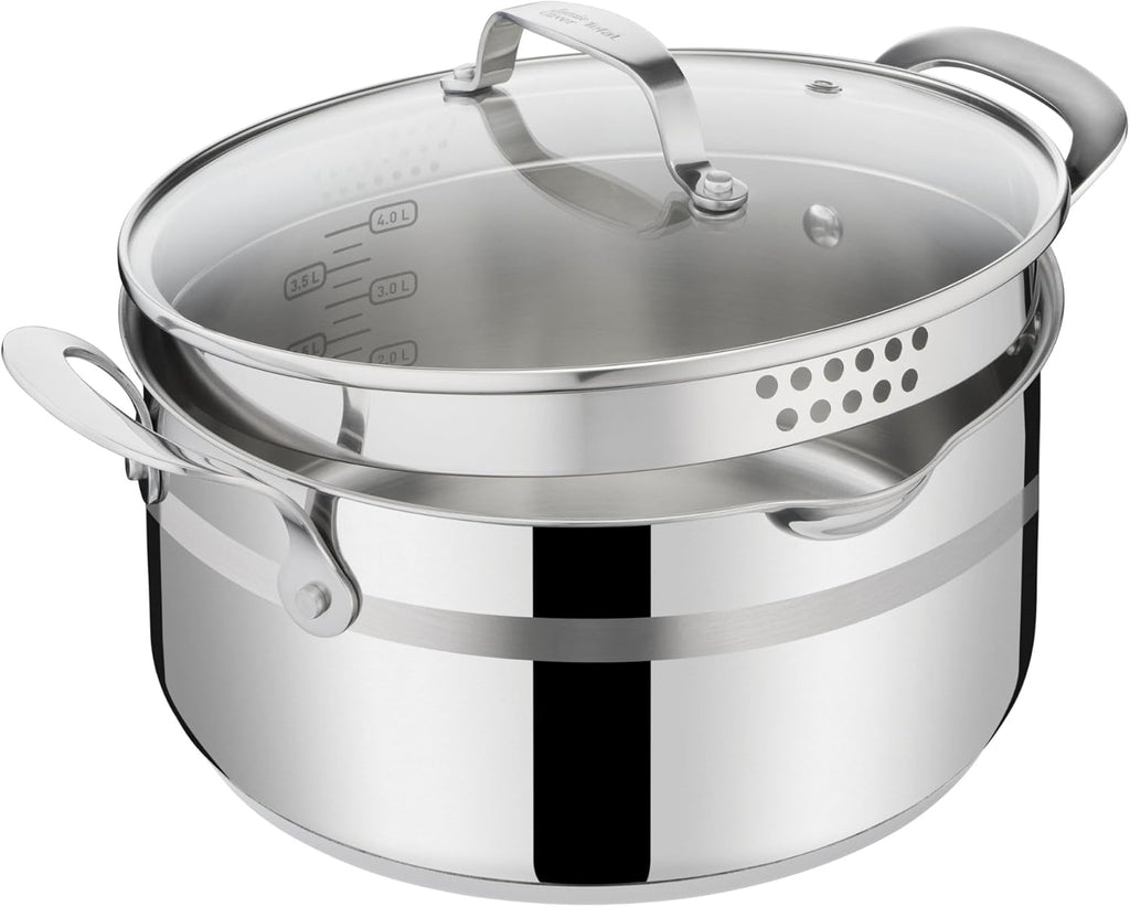 Jamie Oliver by T-fal Cook Smart 10-Piece Cookware Set, Uncoated Stainless Steel, Robust, Fast Heating, Even Cooking, Riveted Handle, Induction safe, Oven and dishwasher safe