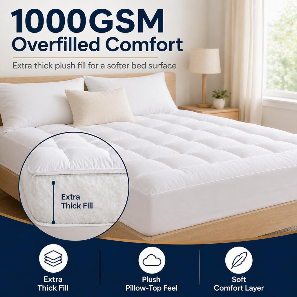 West Month Mattress Topper 1000gsm Premium Quilted, Mattress Cover with Deep Pocket Fits 8-21 Inch Mattresses, Breathable Fluffy Bed Topper for Soft Comfort (White,King)