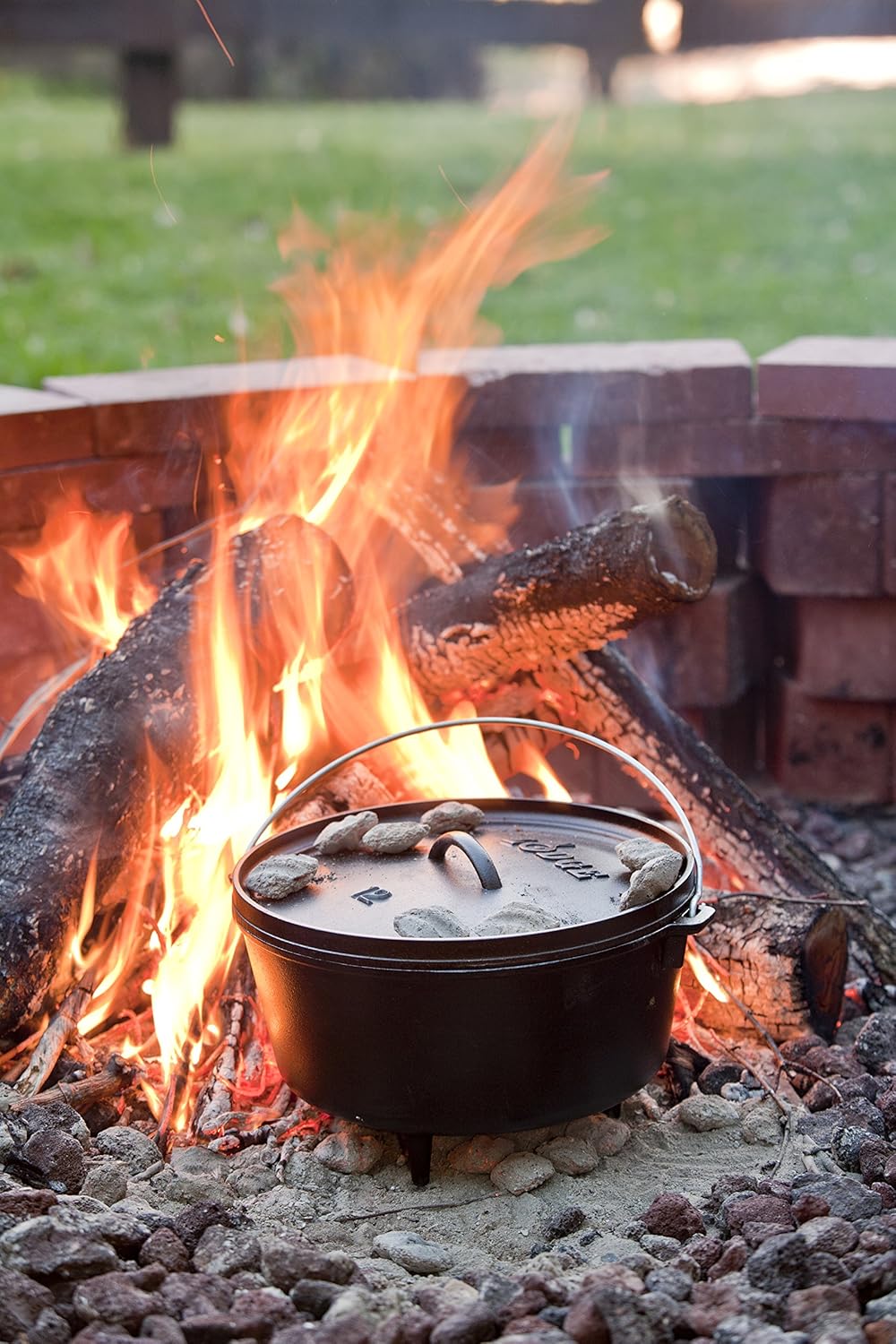 Lodge Seasoned Cast Iron Camp Dutch Oven with Lid - 8 Quart - Dual Handles - Seasoned Cast Iron Cookware with Steel Handle & Strong Lid for Heavy- Duty Camping Cookware