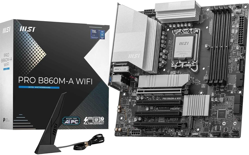 MSI PRO B860M-A WiFi Motherboard, mATX - Supports Intel Core Ultra Processors (Series 2), LGA 1851-12 DRPS, DDR5 Memory Boost (8600+ MT/s OC), PCIe 5.0 x16 & 4.0 x16, M.2 Gen5, Wi-Fi 7, 5G LAN