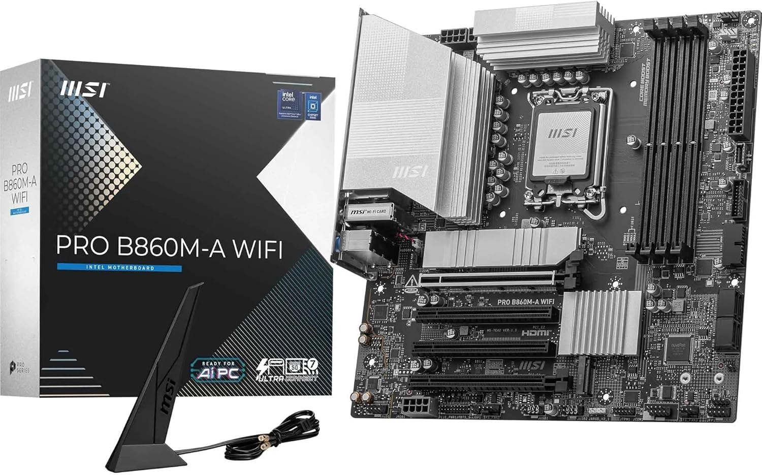 MSI PRO B860M-A WiFi Motherboard, mATX - Supports Intel Core Ultra Processors (Series 2), LGA 1851-12 DRPS, DDR5 Memory Boost (8600+ MT/s OC), PCIe 5.0 x16 & 4.0 x16, M.2 Gen5, Wi-Fi 7, 5G LAN