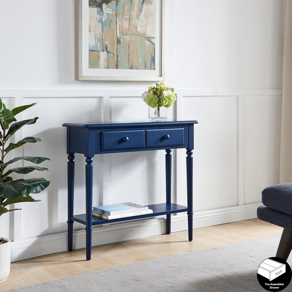 Leick Home Coastal Console Table, Solid Wood, 2 Storage Drawers, Bottom Display Shelf, Narrow Depth, Easy-Assembly, for Living Room/Hallway, Navy Blue, 30.0 in. W x 11.0 in. D x 28.0 in. H, 20027-NV