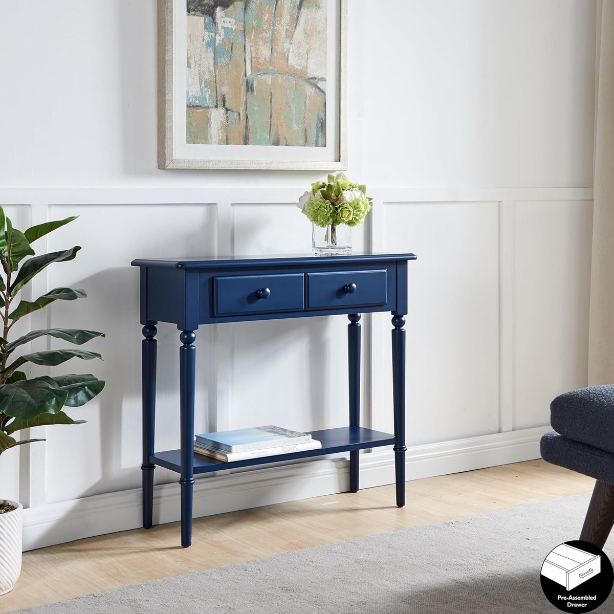 Leick Home Coastal Console Table, Solid Wood, 2 Storage Drawers, Bottom Display Shelf, Narrow Depth, Easy-Assembly, for Living Room/Hallway, Navy Blue, 30.0 in. W x 11.0 in. D x 28.0 in. H, 20027-NV