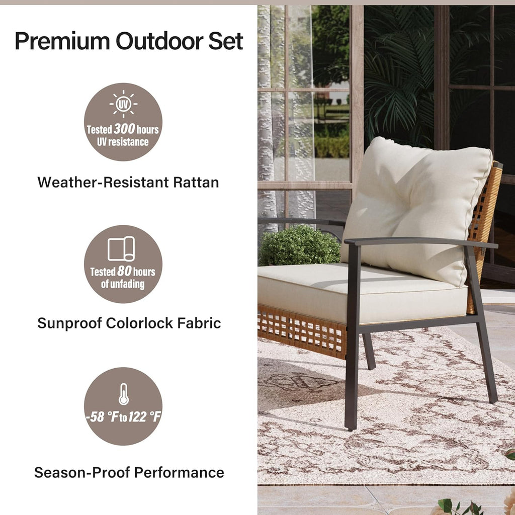LAUSAINT HOME 4-Piece Patio Conversation Set, Comfortable Oversized Outdoor Furniture Set with Soft Cushion and Storage Metal Coffee Table for Backyard, Porch, Garden and Poolside, Beige