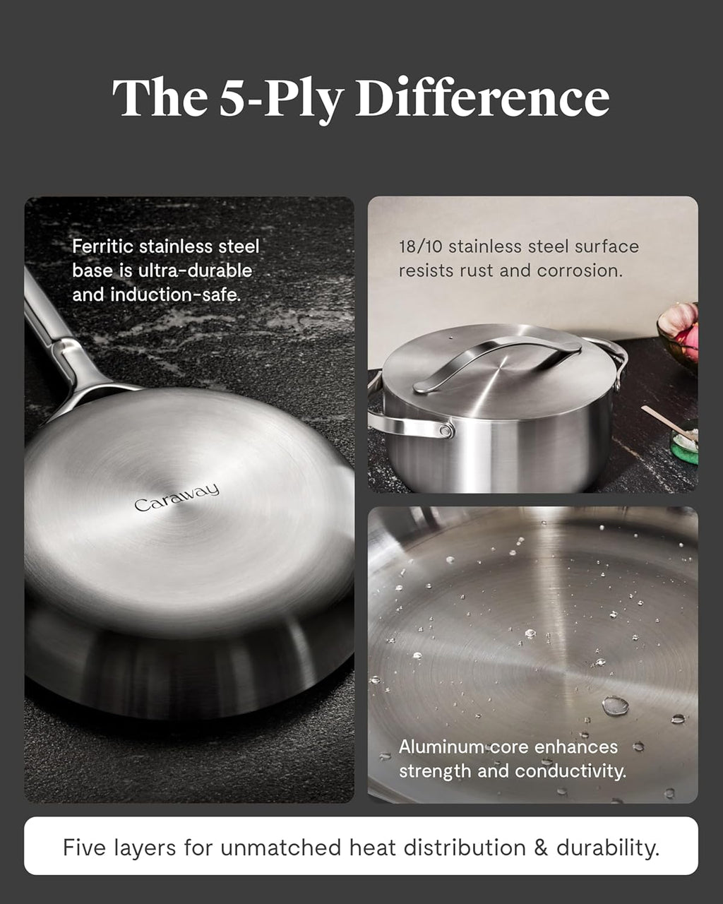 Caraway Stainless Steel Dutch Oven (6.5 Qt) - 5-Ply Stainless Steel - Oven Safe & Stovetop Agnostic - Non Toxic, PTFE & PFOA Free