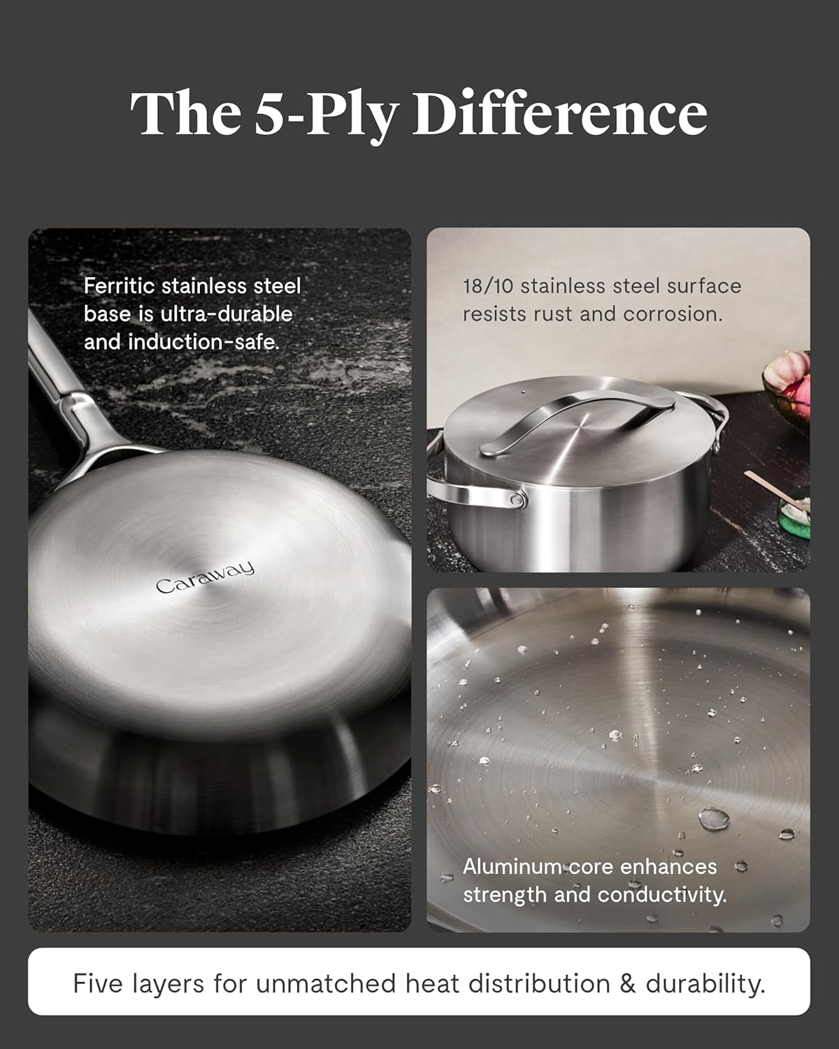 Caraway Stainless Steel Dutch Oven (6.5 Qt) - 5-Ply Stainless Steel - Oven Safe & Stovetop Agnostic - Non Toxic, PTFE & PFOA Free