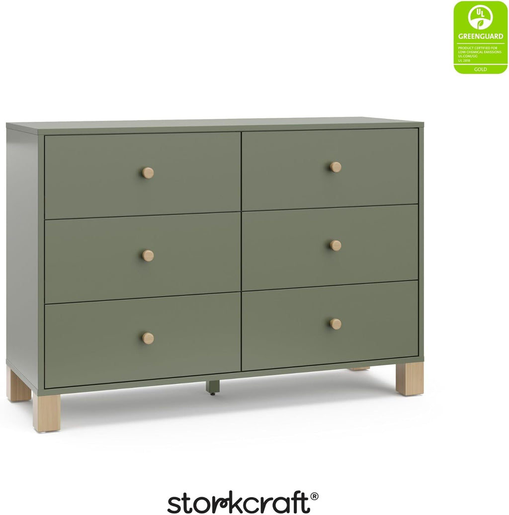 Storkcraft California 6-Drawer Double Dresser (Olive with Driftwood) - GREENGUARD Gold Certified, Interlocking Drawer System, Dresser Drawer Organizer for Kids Bedroom