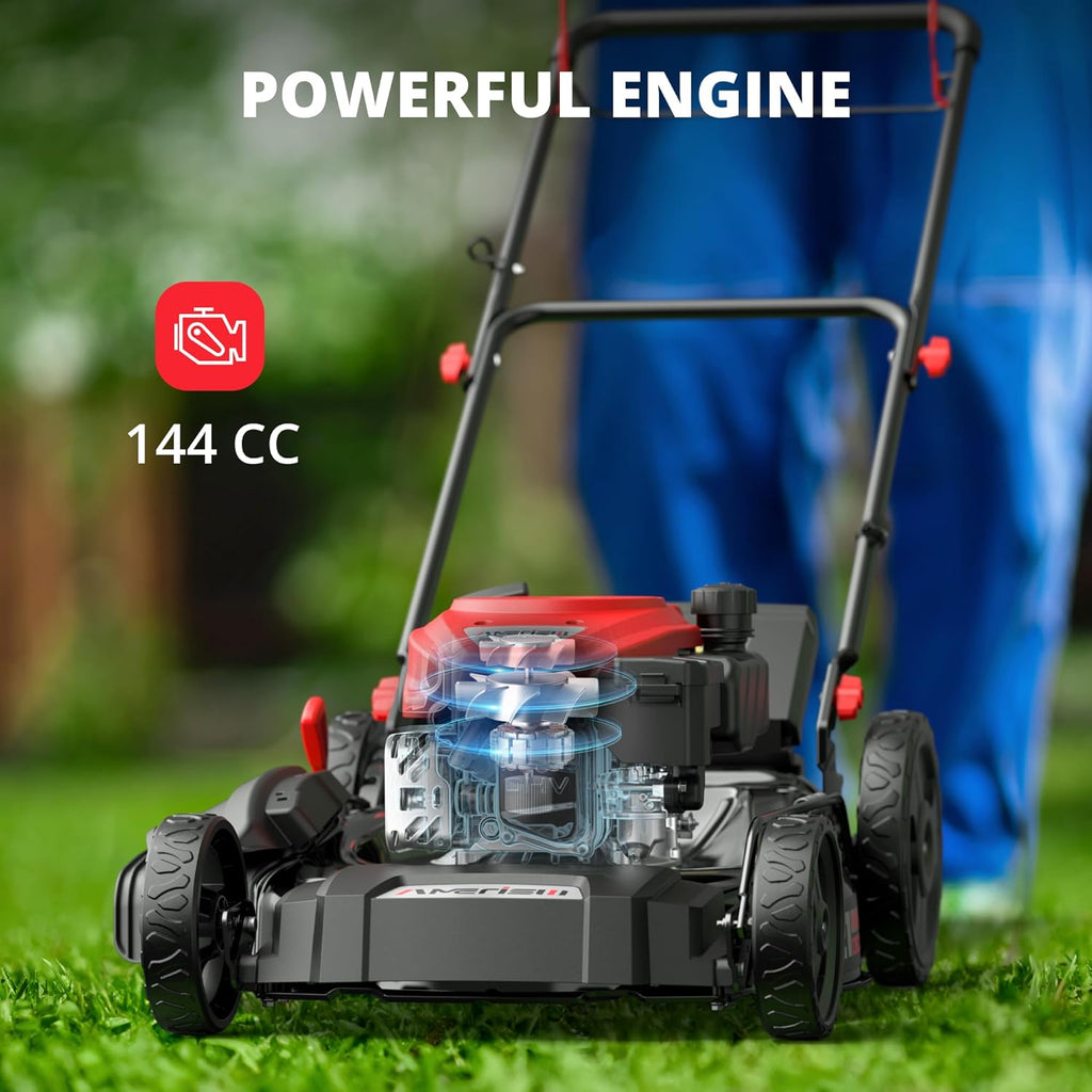 AMERISUN 21 Inch Gas Push Lawn Mower, 2-in-1 Mulching & Side Discharge, 144cc 4-Stroke OHV Engine, 6-Position Height Adjustment, Lightweight Push Mower for Small to Medium Yards