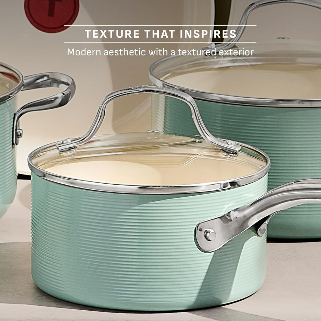 T-Fal Inspire Ceramic Nonstick Cookware Set, 10-Piece, Oven Safe to 500°F, Stockpot, Ceramic Pots and Pans Set, Frying Pans, Saucepans, Pan Protectors, Mint Green
