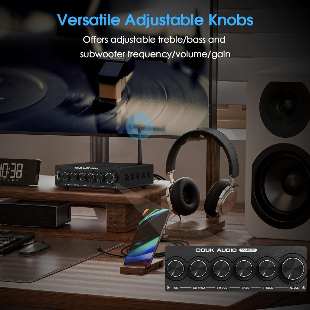 DoukAudio 2.1 Channel Bluetooth Amplifier: 600W Stereo + 300W Subwoofer Output Bass & Treble Control for Home Theater | Dual TPA3255 aptX-HD | Living Room Desktop | Audiophiles Holiday (NS-14G-PRO)