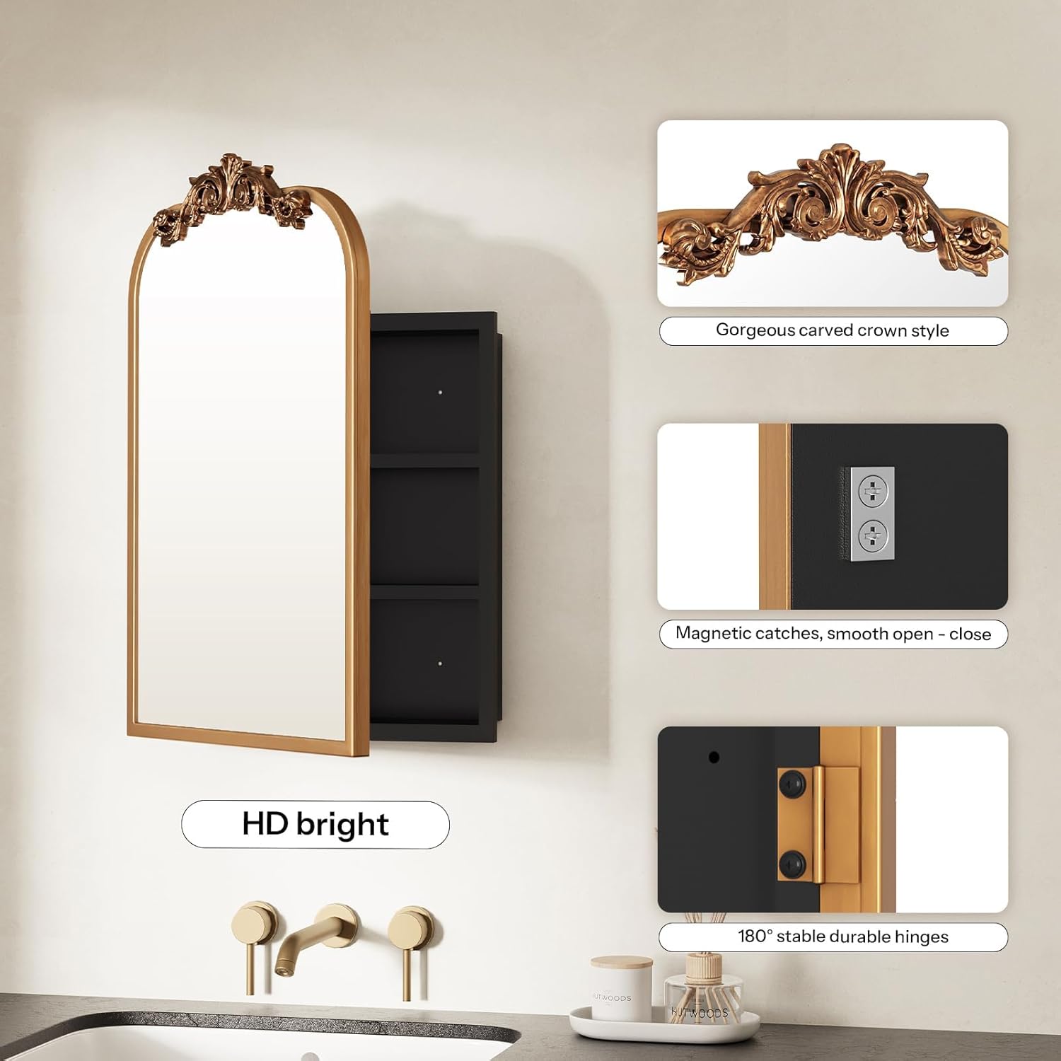16x24 Inch Bathroom Medicine Cabinet with Mirror, Recessed or Surface Mount, Sturdy, Durable & Easy Installation, Vintage Metal Frame(Gold)