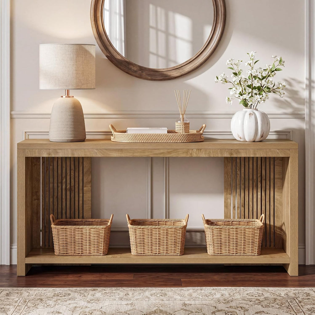 Tribesigns 70.9-Inch Long Entryway Table with 2-Tier Storage, Farmhouse Narrow Sofa Console Table with Vertical Stripe Legs, for Entrance, Entryway, Hallway, Foyer, Behind the Couch, Brown