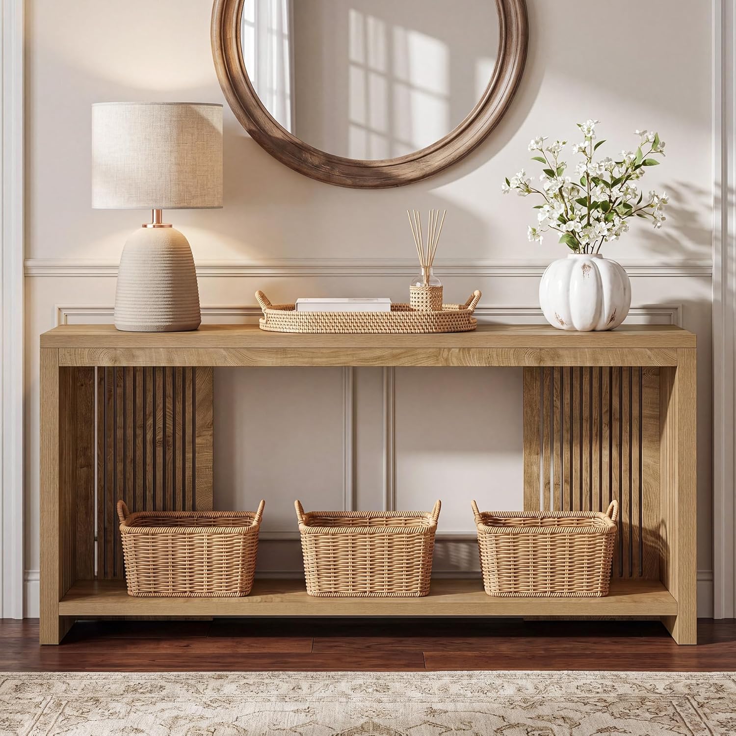 Tribesigns 70.9-Inch Long Entryway Table with 2-Tier Storage, Farmhouse Narrow Sofa Console Table with Vertical Stripe Legs, for Entrance, Entryway, Hallway, Foyer, Behind the Couch, Brown