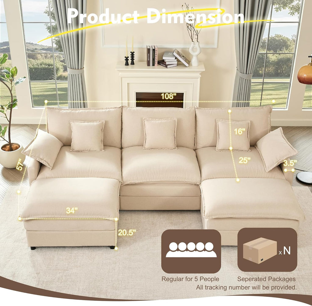 GOSUHI 108" U Shaped Couch, Modular Sectional Sofa, 3-Seater Comfy Cloud Couch, Set of Modular Pieces with Movable Ottoman, Deep Seat Couches for Living Room, Linen, Beige