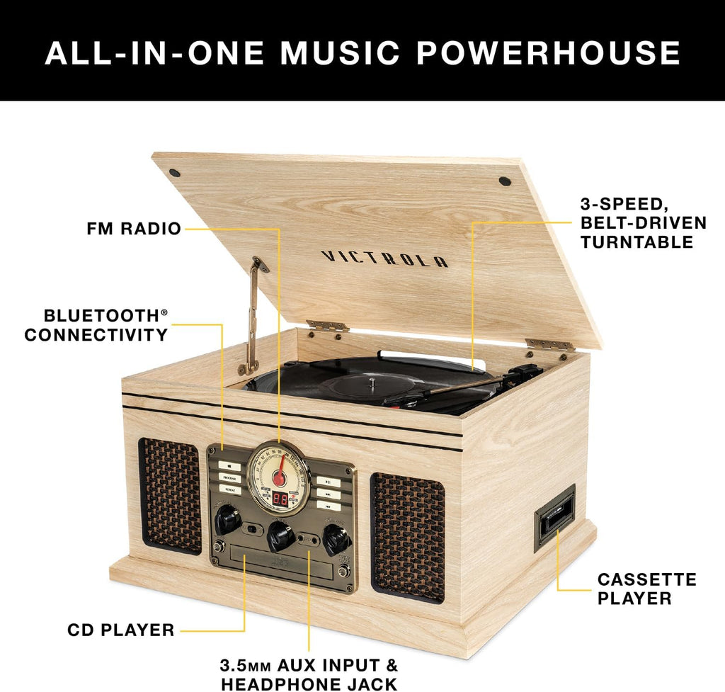 Victrola The Quincy 6-in-1 Bluetooth Record Player & Multimedia Center with Built-in Speakers – 3-Speed Turntable, CD & Cassette Player, FM Radio, Wireless Music Streaming (Espresso)