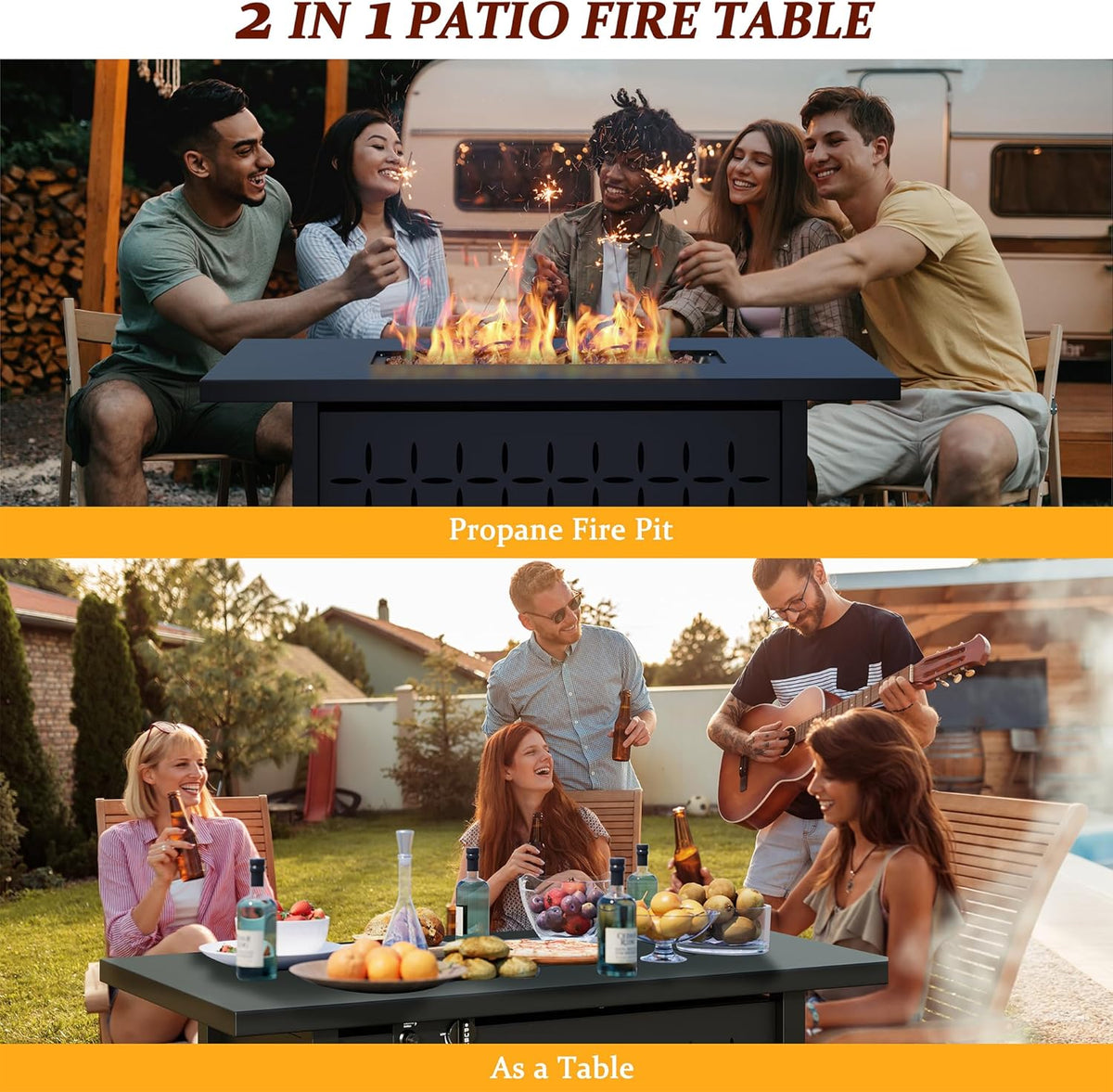 Vongrasig 43" Gas Fire Pit for Outside, 50,000 BTU Outdoor Propane Fire Pit Table with Lid & Lava Rock, Steel Rectangular Fire Table for Patio, Backyard, Deck, Garden, Black
