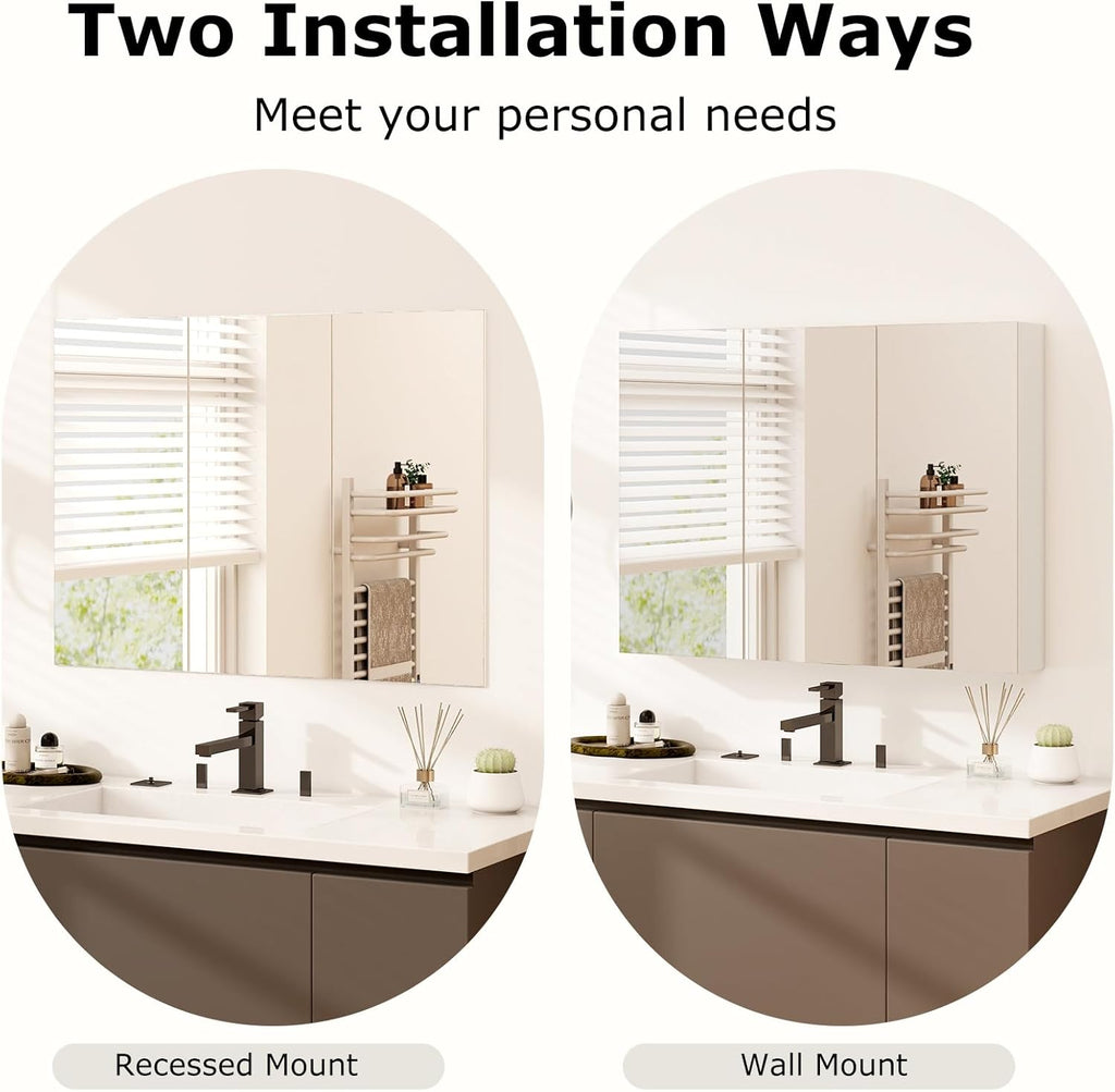 Tangkula Mirrored Medicine Cabinet, Large Wide Wall Mounted Storage Cabinet with 3 Mirror Doors, Hanging Bathroom Organizer, White, 34.5 x 5 x 25.5 Inches