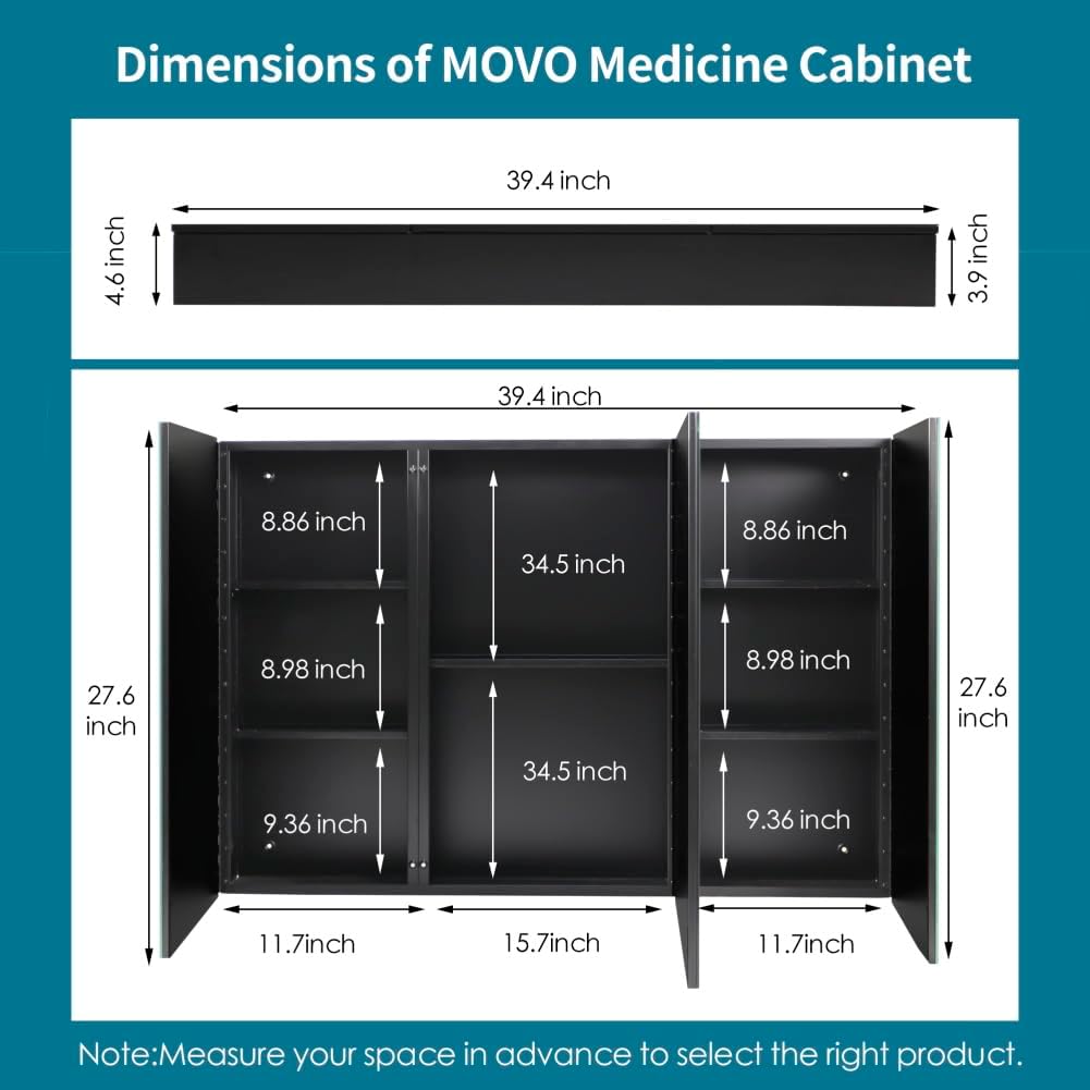 Movo 40 Inch x 28 Inch Black Bathroom Mirror Medicine Cabinet, Frameless Large Wall Mount Medicine Cabinet with 3 Doors,Rmovable Shelves