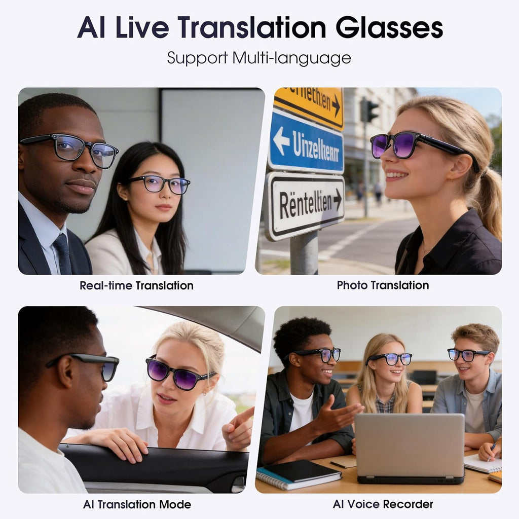 AI Smart Glasses with Camera, 8MP Camera Glasses for Life Vlog Travel Work, 4K Video Recording Sunglasses for Women Men, Real-Time Translation, Voice Assistant, Hands-Free Calls,Open-Ear Audio, 3 Lens