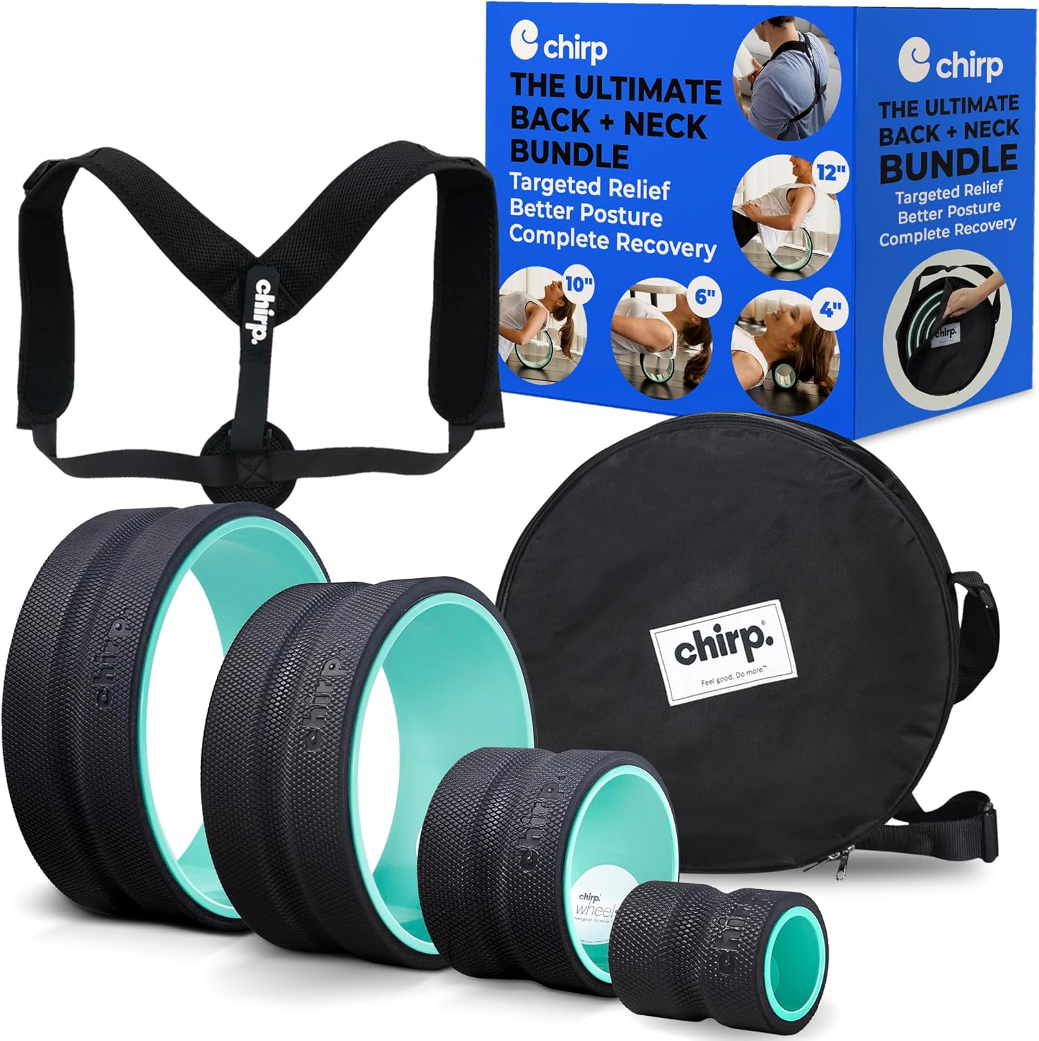 Chirp - Ultimate Back + Neck Bundle | 4-Pack Wheel Foam Roller Set for Back & Neck Pain Relief, Posture Corrector for Alignment & Support, 500lb Capacity, Includes Carrying Case, Mint
