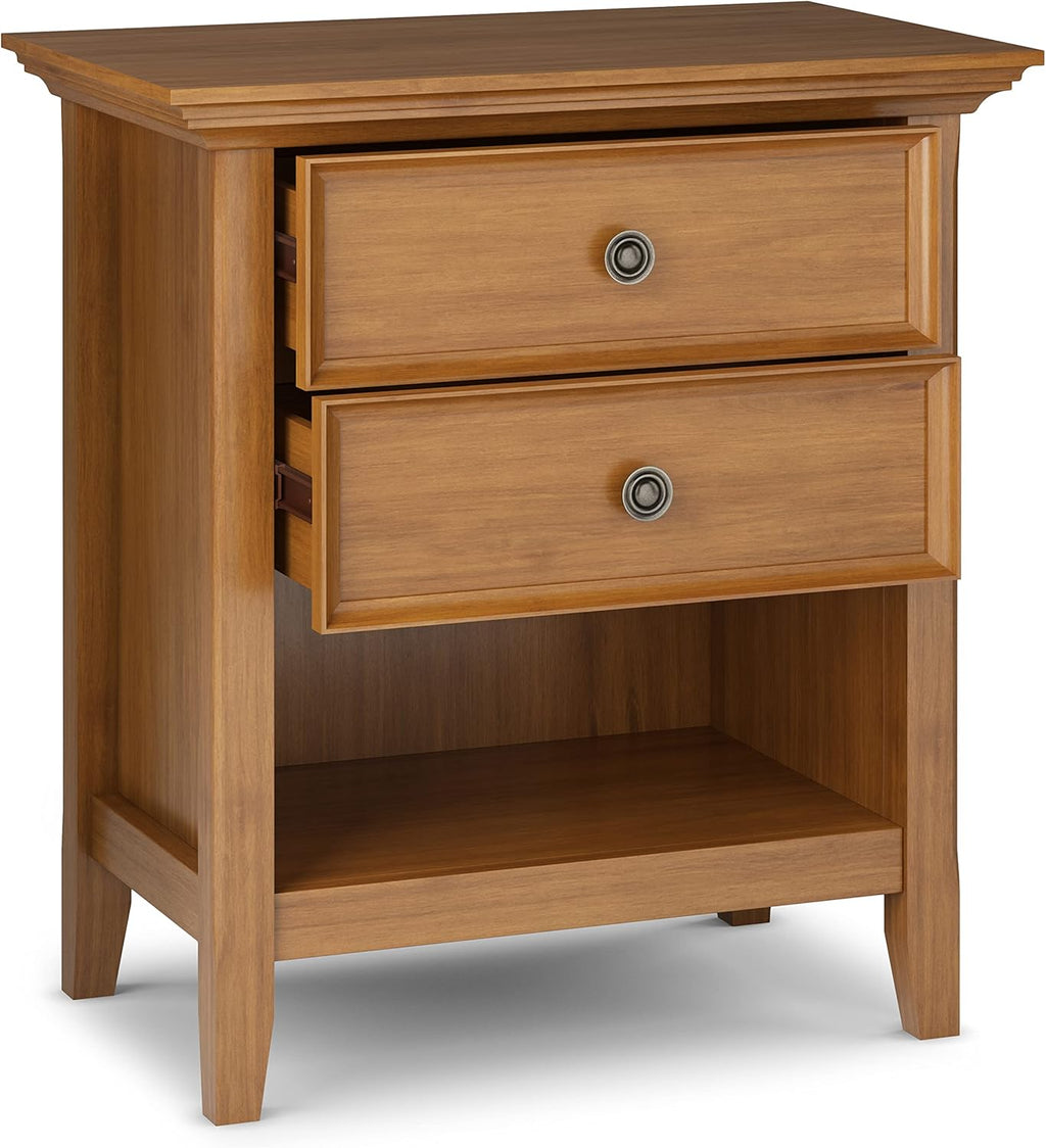 SIMPLIHOME Amherst Bedside Table - 24 inch Wide Solid Wood Nightstand in Light Golden Brown, Transitional Bedroom Side or End Table with 2 Drawers, Open Storage Shelf and Bronze Hardware