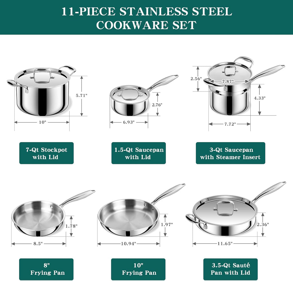 EWFEN Pots and Pans Set, 3 Ply 11 Piece Stainless Steel Cookware Set, Oven Dishwasher Safe | Induction Compatible Frying Pans, Saucepans, Saute Pan & Stock Pot, PFOA Free Kitchen Skillet