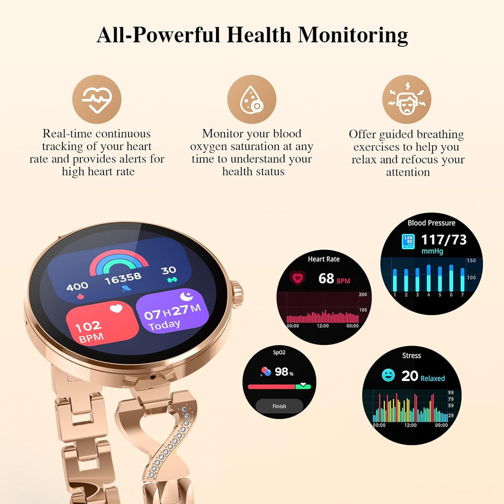 Smart Watches for Women, Answer/Make Call, 1.04'' AMOLED, 24H Sleep Tracker, Fitness Tracker with Heart Rate/Blood Pressure/SpO2/Stress Monitor, 100+ Sport Modes Waterproof Smartwatch for IOS Android