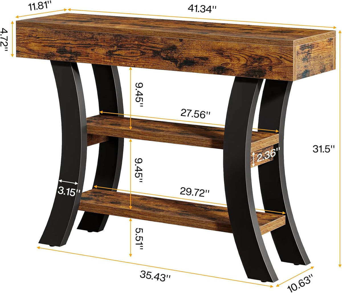 Tribesigns 41" Small Console Table for Entryway, 3-Tier Narrow Rustic Sofa Table with Storage Shelves and Curved Frame for Living Room, Entry, Hallway, Foyer, Rustic Brown