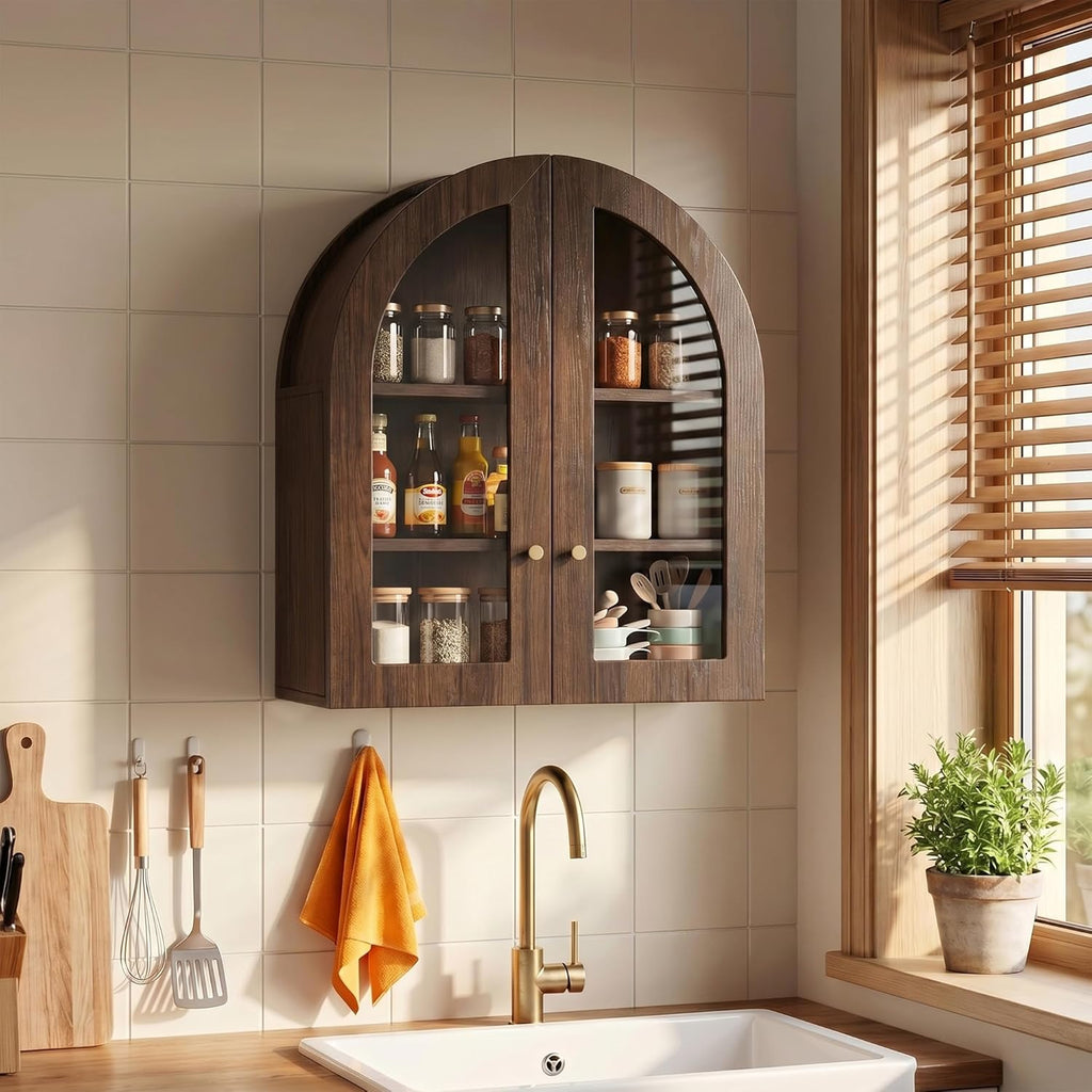 Arched Wall Cabinet, Bathroom Cabinet Wall Mount with Glass Doors & Adjustable Shelf, Floating Medicine Cabinet for Bathroom, Kitchen, Living Room Storage, Walnut