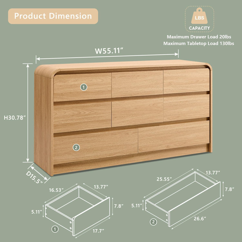 Aitjunz Modern 8 Drawers Dresser for Bedroom, 55" Wide Dressers & Chest of Drawers w/Curved Profile Design, Wood Mid Century Storage Dressers Organizer for Bedroom, Living Room, Natural Oak