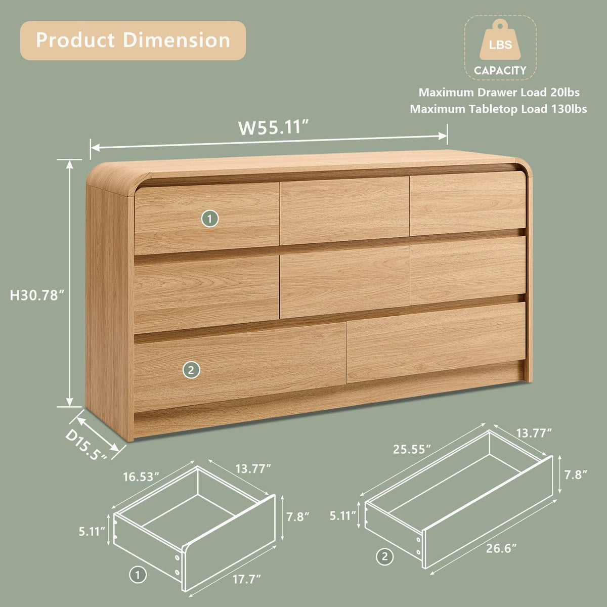 Aitjunz Modern 8 Drawers Dresser for Bedroom, 55" Wide Dressers & Chest of Drawers w/Curved Profile Design, Wood Mid Century Storage Dressers Organizer for Bedroom, Living Room, Natural Oak