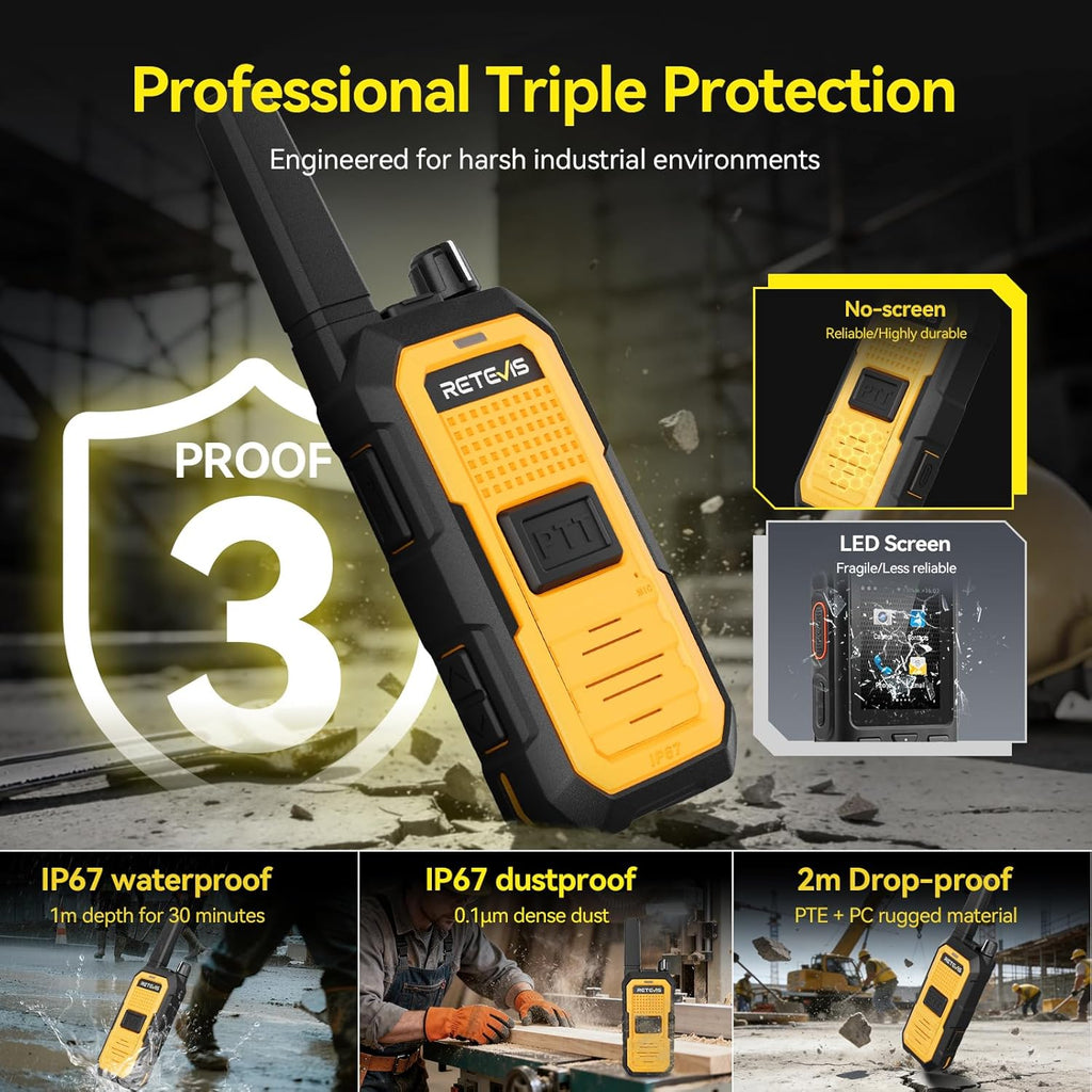 Retevis RB48A IP67 Waterproof Walkie Talkies Long Range Adults, Heavy Duty 2 Way Radio, Noise Reduction, Large PTT, 1000mW Speaker, 23-Hour, Rechargeable, for Manufacturing Construction (10 Pack)