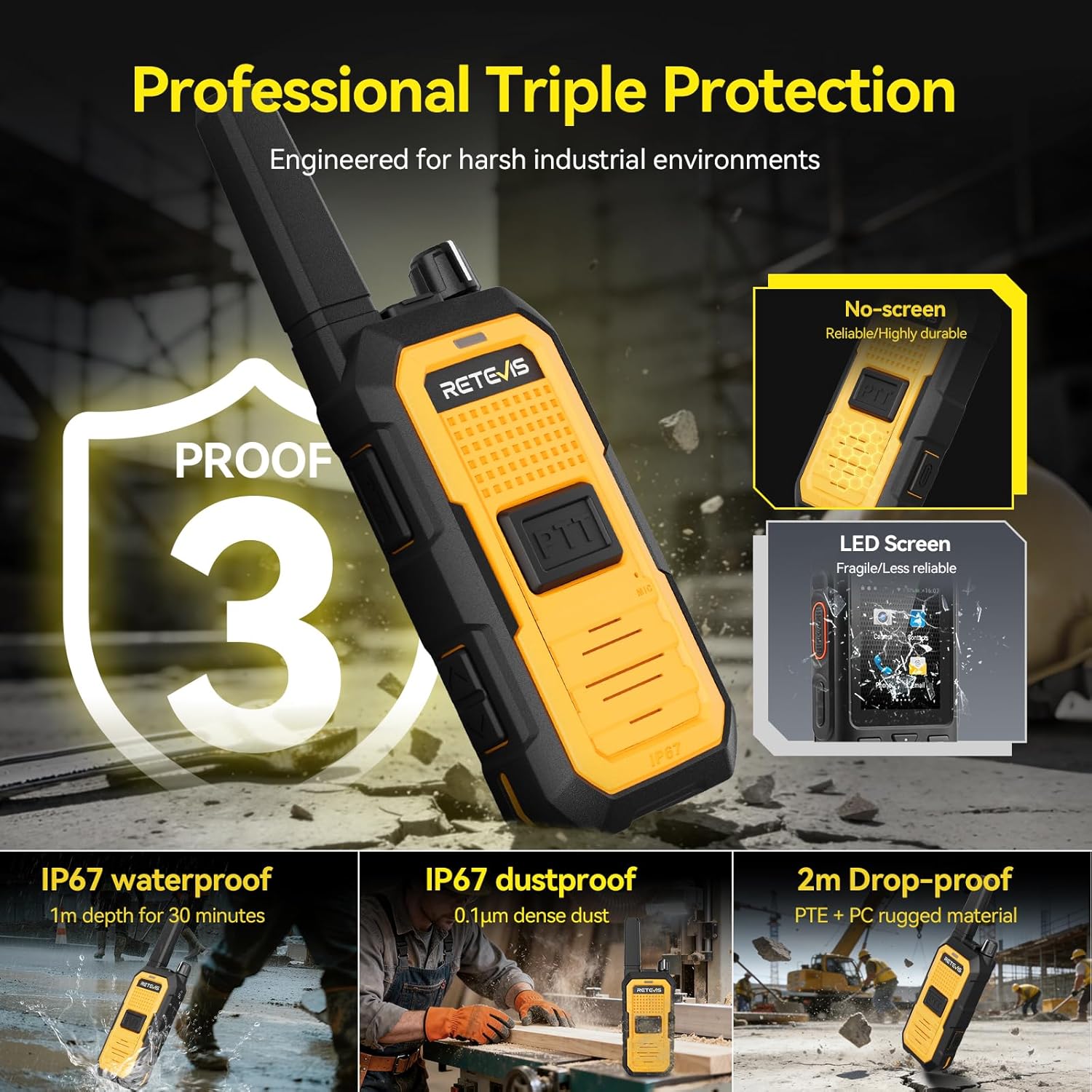 Retevis RB48A IP67 Waterproof Walkie Talkies Long Range Adults, Heavy Duty 2 Way Radio, Noise Reduction, Large PTT, 1000mW Speaker, 23-Hour, Rechargeable, for Manufacturing Construction (10 Pack)