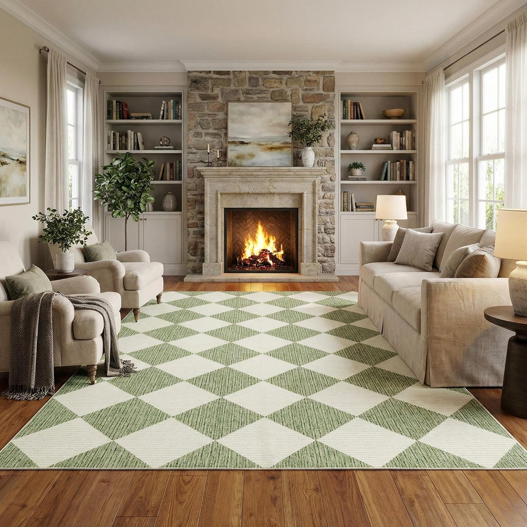 GarveeHome Sage Green Area Rugs 8x10 for Living Room, Checkered Large Washable Rug Soft Non Slip Backing Floor Mat Carpet Indoor Thin Rug for Bedroom Dining Room Playroom Nursery Home Decor