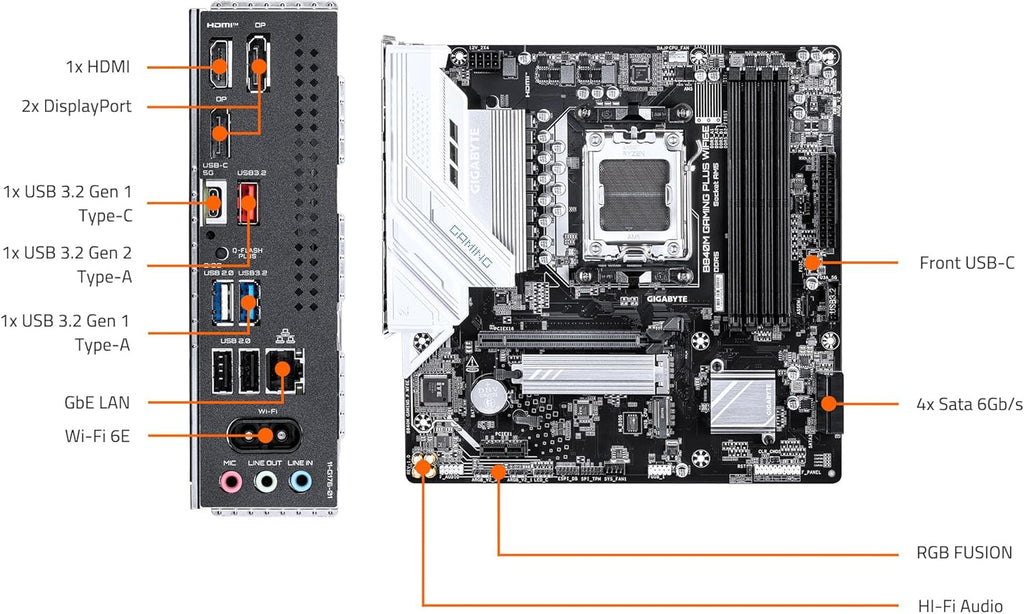 GIGABYTE B840M GAMING PLUS WIFI6E AMD AM5 mATX Motherboard, Support Ryzen 9000/8000/7000 Series, 8+2+2 Power Phase, DDR5, 2x M.2, PCIe 4.0, USB-C 3.2 Gen 1, WiFi 6E, GbE LAN, EZ-Latch, 3-Year Warranty