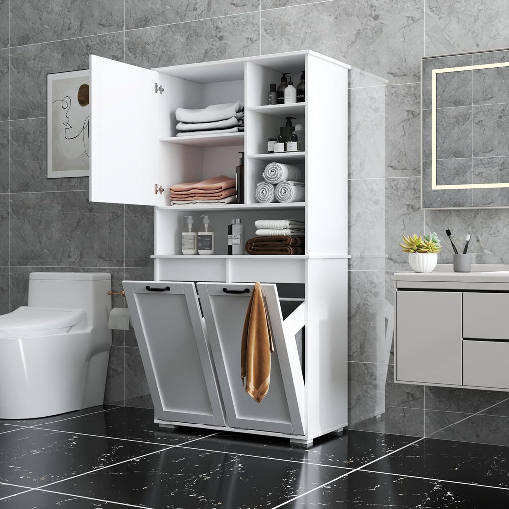 SOFTSEA Tilt-Out Laundry Hamper Cabinet, Cabinet with Doors and Open Shelf, 63 Inch Tall Accent Table for Bathrooms Laundry Room Kitchen, White