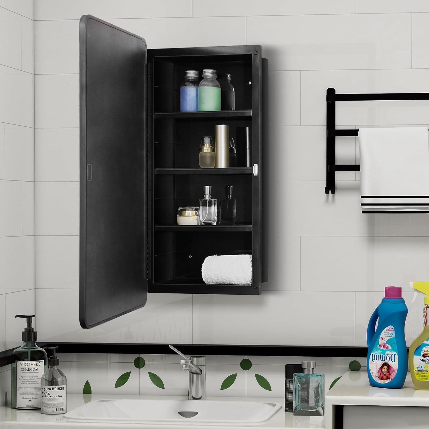 Fundin Black Plastic Medicine Cabinet, Mirror Door with Round Corner Metal Frame, Recessed and Surface Mount Bathroom Wall Medicine Cabinet, 16 x 28 inch Mirror Size