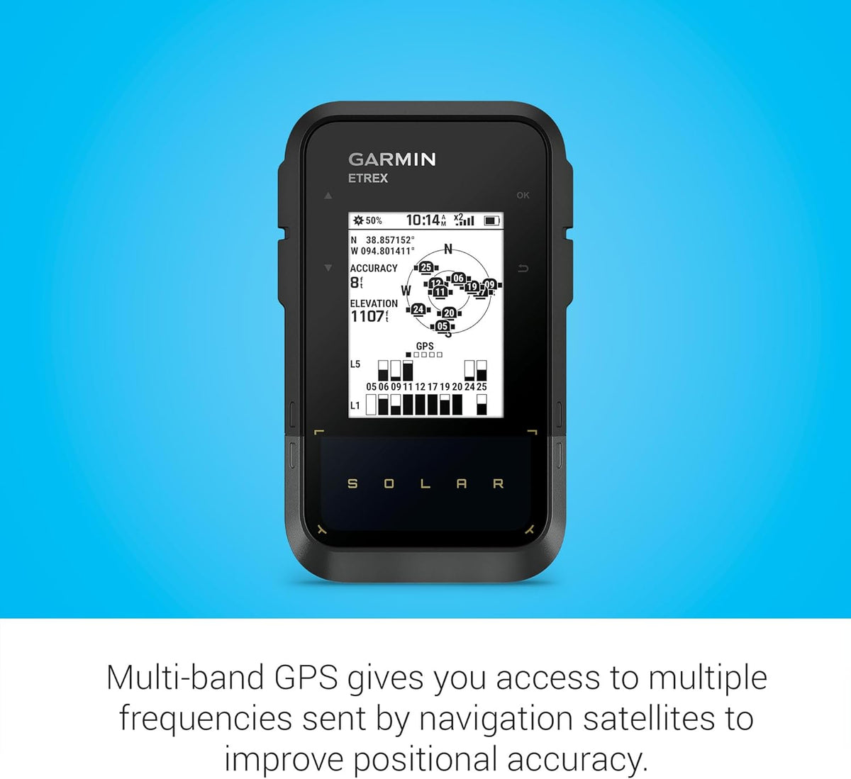 Garmin eTrex® Solar, GPS Handheld Navigator, Unlimited Battery Life, Water Resistant