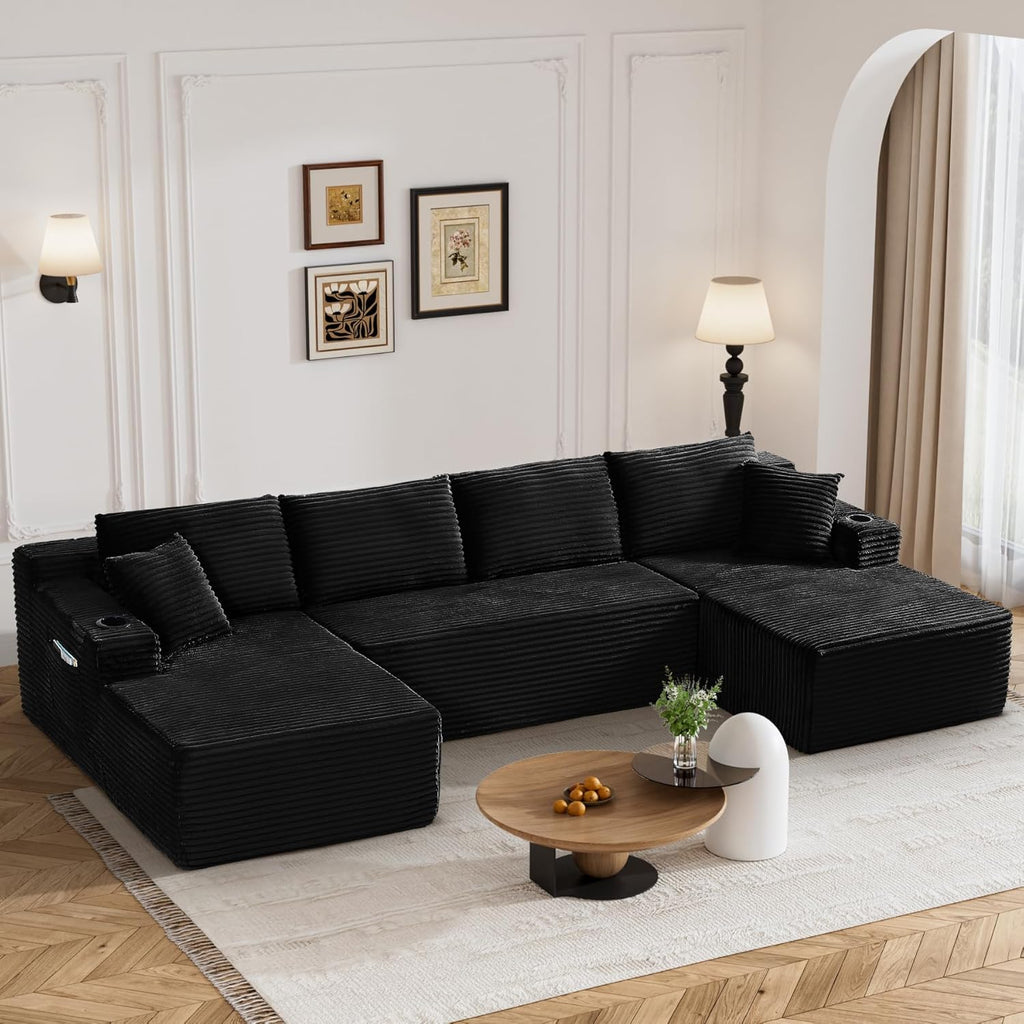 133" Oversized Cloud Boneless Sofa Couch with Chaise, Modern Corduroy U Shaped Modular Sectional Sofa with Deep Seat, Comfy Couch with Cupholders and Storage, No Assembly Required-Black