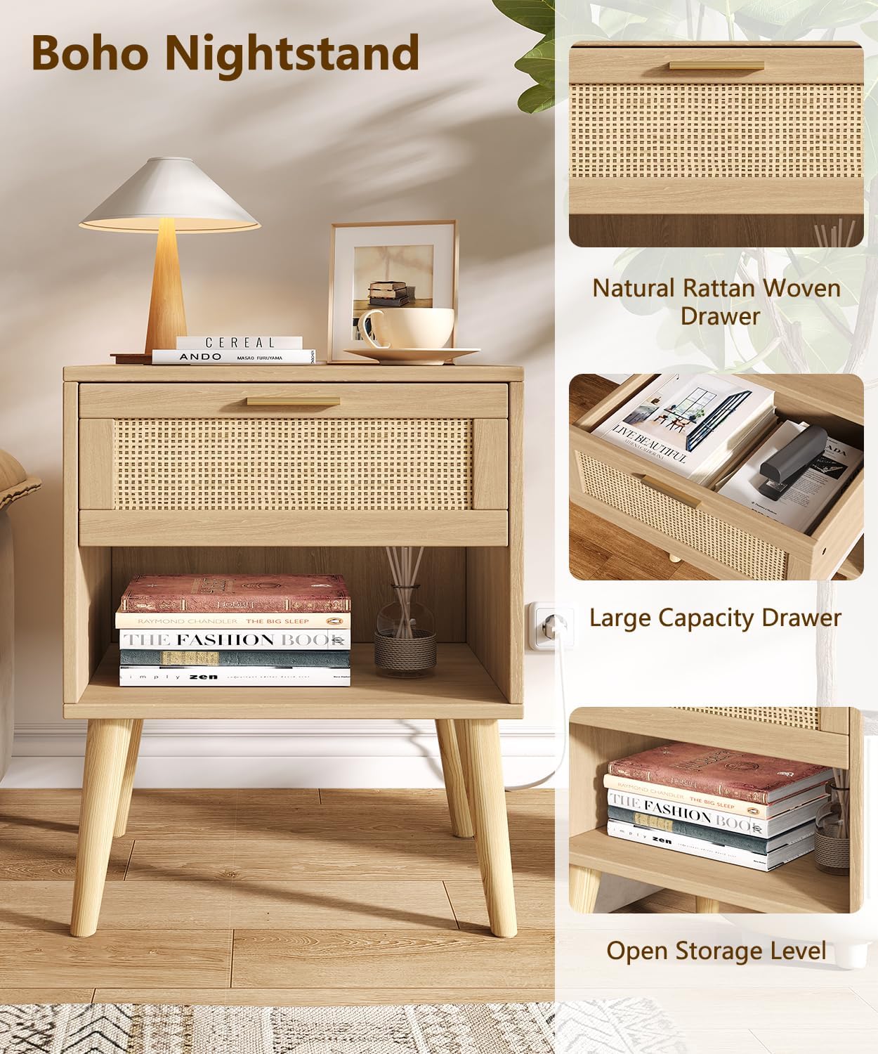 Keehusux 17.7" W x 15.7" D Rattan Nightstand Set of 2, Night Stand with Charging Station, Bedside Table with Open Shelf & Solid Wood Legs, Boho Night Stand with Drawer, End Table for Bedroom, Natural