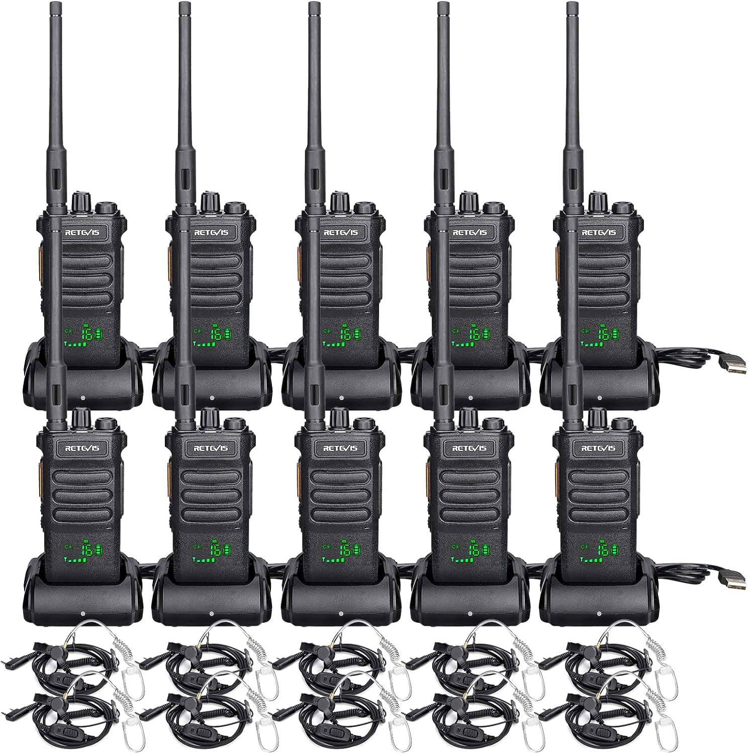 Retevis RT86 2 Way Radio Long Range with Earpiece,Professional Radio Walkie Talkies,Commercial Work Radio Bulk,Heavy Duty Two Way Radio Rechargeable 2600mAh,for Industry Construction Warehouse(10Pack)